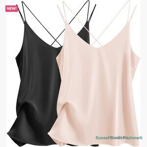 Silk Satin Camisole Tank Top V Neck Cross Back Spaghetti Strap